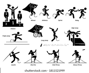 Disabled field and track sports games for handicapped athlete stick figures icons. Vector symbols of competitive sport game for people with disabilities. 
