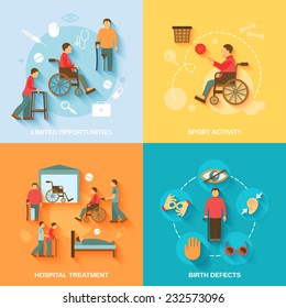 Disabled flat icons set with limited opportunities sport activity hospital treatment birth defects isolated vector illustration