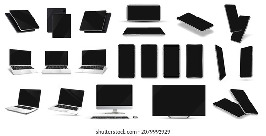 Aparatos desactivados con una pantalla en blanco negro y un brillo en la pantalla. Smartphone, monoblock, laptop, tablet, PC, teléfono móvil con un estilo 3D realista. Dispositivos de burla isométricos, perspectiva. Conjunto de vectores
