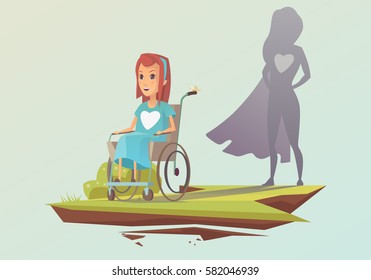 Disabled girl with a big heart like a superhero. Superhero shadow. Vector Illustration