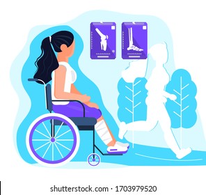 Disabled girl with broken leg. Sport trauma concept vector. Woman in a wheelchair and dreaming about workout, competition. Social workers,  rehabilitation illustration.