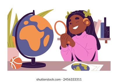 Chica discapacitada con relojes de audífono, globo Explore a través de lupa. Estudia geografía, examina el planeta con lupa. Estudiante aprendiendo ciencias. Ilustración vectorial plana