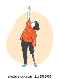 Disabled Girl living full life. A Woman doing Yoga thanks to a modern Prosthesis. People with Disabilities, Prosthesis, amputation, inclusion. Hand drawn in thin Line style, vector illustration.
