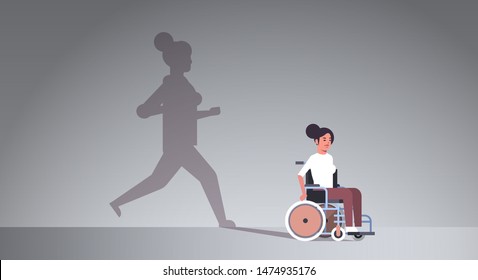 disabled girl on wheelchair dreaming about recovery shadow of healthy woman running imagination aspiration concept female cartoon character full length flat horizontal