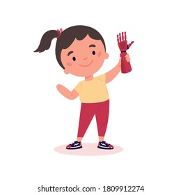 Disabled girl presents a prosthesis.Little kid with artificial limb isolated cartoon character on white background.Advertising concept.Vector flat style cartoon illustration.