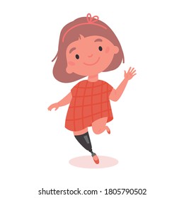 Disabled girl with prosthesis.Little kid with artificial limb isolated cartoon character on white background.Advertising concept.Vector flat style cartoon illustration.
