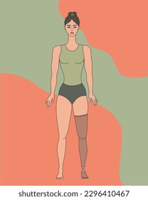 Disabled girl with prosthetic leg on colored background. Body positive and feminism. Female character with a physical disability. Hand drawn vector art