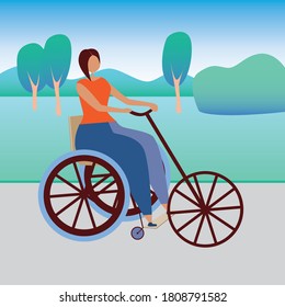 A disabled girl rides a bicycle in a park outside the city. Flat vector stock illustration with disabled cyclist in wheelchair as a concept of disabled transport, cycling sport, activity