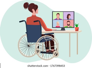 disabled girl talking on video conference. Vector illustration. communication from home