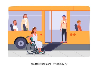 Disabled girl in wheelchair at bus stop, bus with ramp for people with special needs