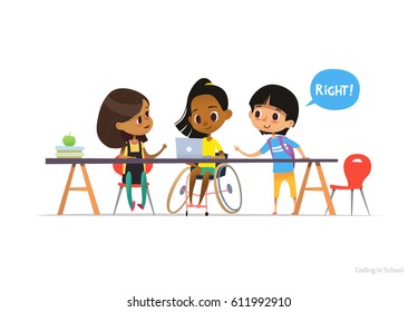 Disabled girl in wheelchair sitting at laptop with pair of school friends helping her to learn coding. Inclusive education concept. Vector illustration for website, advertisement, banner, poster.