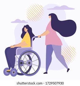 Disabled with girlfriend, young disabled person in a wheelchair, moral support. Rehabilitation of the disabled, assistance to the disabled. Vector illustration in a flat style.