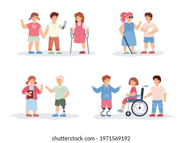 Disabled girls and boys, handicapped kids with wheelchair and prosthetics and friends helping them. Vector flat isolated illustrations for world disability day design.