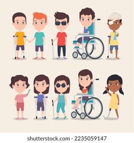 disabled girls and boys on white background