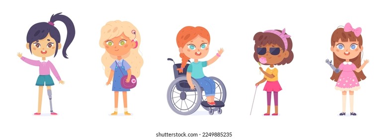 Disabled girls set vector illustration. Cartoon isolated cute kid sitting in wheelchair and waving, children with prosthetic arm and leg, child with hearing aid or blind persons glasses and stick