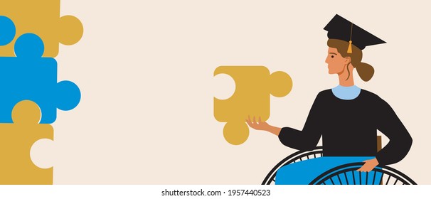 Disabled graduate with a puzzle. Flat vector stock illustration. Template with copy space for design. Disabled person in a wheelchair at graduation. Part of education. Vector graphics