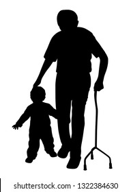 Disabled grandfather walking with child 