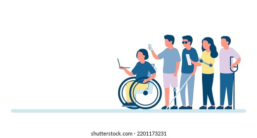 Disabled group people on wheelchair and other handicap. Disability and inclusion, employment on work. Team diverse person. Team seek opportunity, want to work. Vector with copy space illustration