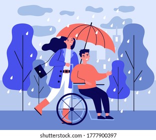 Disabled guy and assistant walking in rain. Girl with handicapped friend in wheelchair outdoors flat vector illustration. Diversity, social care concept for banner, website design or landing web page