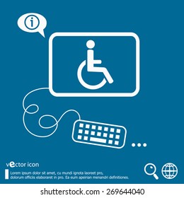 Disabled Handicap icon and flat design elements. Line icons for application development, web page coding and programming, creative process, social media, print.