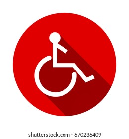 Disabled Handicap Icon isolated on red background with long shadow. flat icon