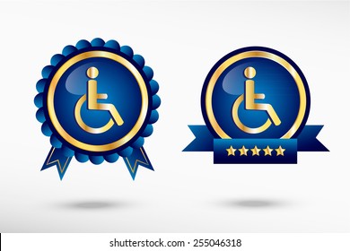 Disabled Handicap icon  stylish quality guarantee badges. Blue colorful promotional labels