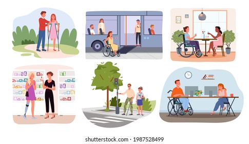 Disabled handicap people in lifestyle scenes, world international disability day set