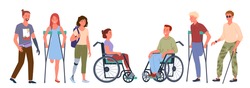 Disabled handicap people set, smiling man woman handicapped patients standing in row
