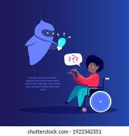 Behinderte Behinderte Afrikanische Dunkelhäute Frauen im Rollstuhlchatting in Chatbot-Anwendung.Cyber-Roboter geben Online-Informationen Künstliche Intelligenz. Dialoghilfe-Service.Flat Vektorgrafik