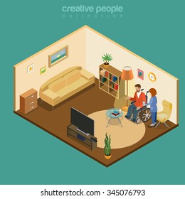 Disabled Handicapped Cripple Invalid Home Wheelchair Health Care Flat 3d Isometry Isometric Concept Web Vector Illustration. Living Room Watch TV Family Medical Cure Nurse. Creative People Collection.