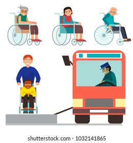 Disabled handicapped diverse people vector wheelchair invalid person help disability characters disable medical assistance illustration.
