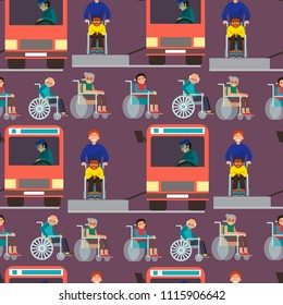 Disabled handicapped diverse people vector wheelchair invalid person help disability characters disable medical assistance seamless pattern background illustration.