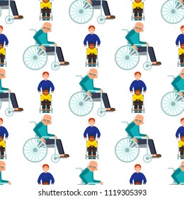 Disabled handicapped diverse people vector wheelchair invalid person help disability characters disable medical assistance seamless pattern background illustration.