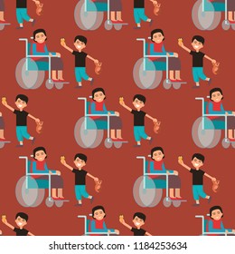 Disabled handicapped diverse people vector wheelchair invalid person help disability characters disable medical assistance seamless pattern background illustration.