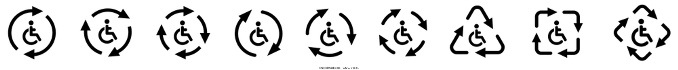 Disabled or handicapped icon in arrows forming cycle, two three and four arrow version. Change or loop concept