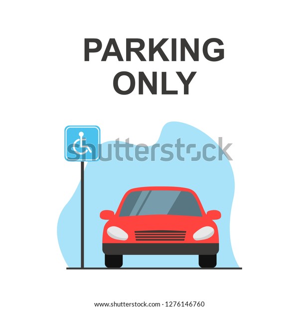 Disabled or handicapped parking space, red\
car, Front view. Flat vector\
illustration.