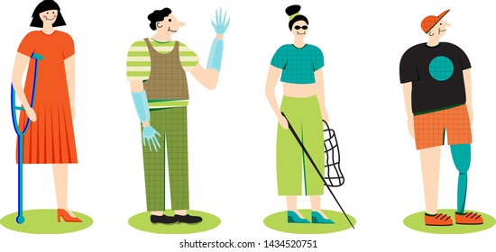 Disabled handicapped people Man with prosthesis Blind woman with cane Disabled person With one leg supporting himself with a crutch Guy with prosthetic arms White background Vector flat illustration