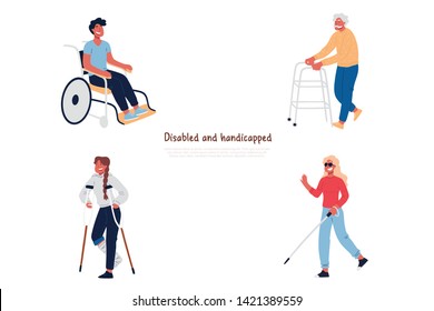 Disabled and handicapped people in wheelchair, with crutches, elderly man with walker, blindness, poor vision banner