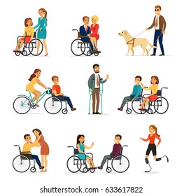 Disabled and handicapped set with people in wheelchairs on crutches blind man and woman on artificial legs isolated vector illustration