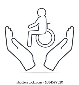 Disabled in hands icon, Man patient in hands simple line icon illustration. Protect and care people concept