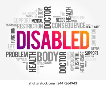 Discapacitado - tener una condición física o mental que limita sus movimientos, sentidos o actividades, concepto de nube de palabras de fondo