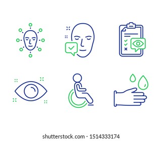 Disabled, Health eye and Face accepted line icons set. Face biometrics, Eye checklist and Rubber gloves signs. Handicapped wheelchair, Optometry, Access granted. Facial recognition. Vector