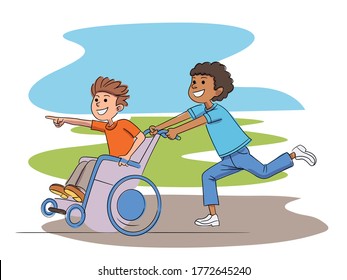 Disabled and healthy boy playing in yard together. Afro-american kid riding fast caucasian friend in wheelchair. Rehabilitation support. Vector relationship friendship. Handicapped children recovery