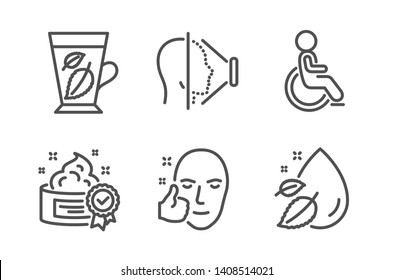 Disabled, Healthy face and Mint leaves icons simple set. Face id, Cream and Water drop signs. Handicapped wheelchair, Healthy cosmetics. Medical set. Line disabled icon. Editable stroke. Vector