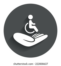 Disabled human insurance sign icon. Hand holds wheelchair man symbol. Health insurance. Circle flat button with shadow. Modern UI website navigation. Vector