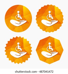 Disabled human insurance sign icon. Hand holds wheelchair man symbol. Health insurance. Triangular low poly buttons with flat icon. Vector