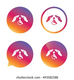 Disabled human insurance sign icon. Hands protect wheelchair man symbol. Health insurance. Gradient buttons with flat icon. Speech bubble sign. Vector