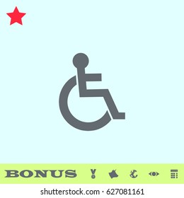 Disabled icon flat. Grey pictogram on blue background. Vector illustration symbol and bonus buttons medal, cow, earth, eye, calculator
