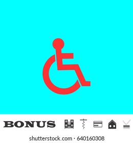 Disabled icon flat. Red pictogram on blue background. Vector illustration symbol and bonus buttons Music center, corkscrew, credit card, house, drum