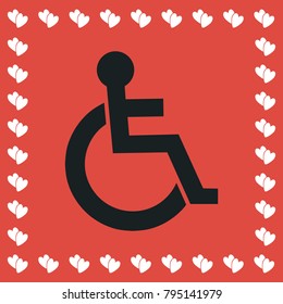 Disabled icon flat. Simple black pictogram on red background with white hearts for valentines day. Vector illustration symbol